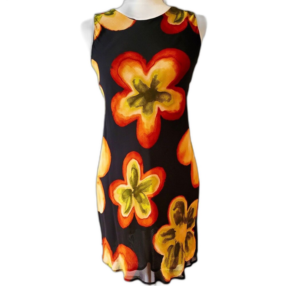 Tessuto Floral Chiffon Shift Dress Sleeveless Lined Black Orange Made in USA